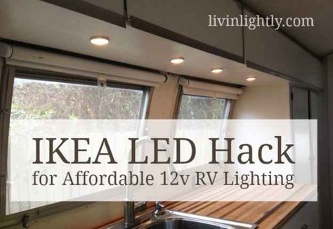 Hook up IKEA LED lights to run on your trailer's 12V system. | 37 RV Hacks That Will Make You A Happy Camper Camper Cushions, Kangoo Camper, Rv Lighting, Waste Tanks, Rv Makeover, Rv Renovations, Rv Hacks, Camper Renovation, Trailer Remodel