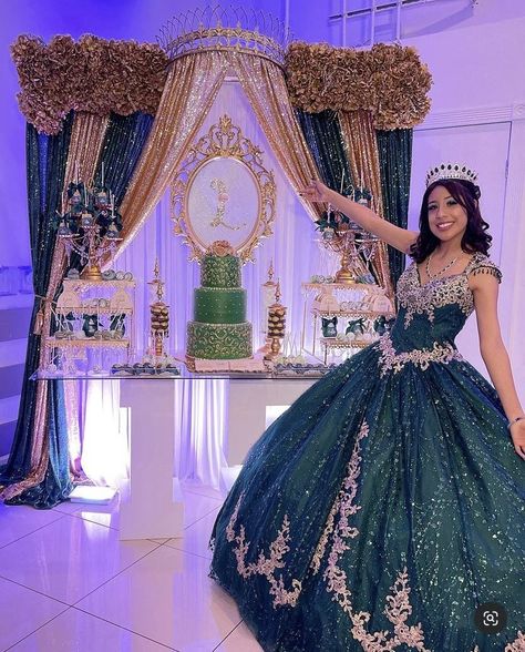 Green Sweet 16 Theme Dress, Quinceanera Dresses Emerald Green Long Sleeve, Emerald Green Quinceanera Backdrop, Emerald Green Decor Quince, Emerald 15 Theme, Jade Quinceanera Theme, Emerald Green Quince Heels, Quince Decorations Emerald Green And Gold, Esmeralda Quinceanera Dresses