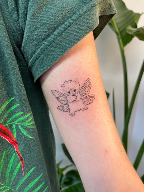 Cat Tattoo Coquette, Cat With Fairy Wings Tattoo, Cat Star Tattoo, Fairy Dog Tattoo, Fluffy Cat Tattoo, Vintage Cat Tattoo, Cat Tribute Tattoo, Cat With Wings Tattoo, Cat Angel Tattoo