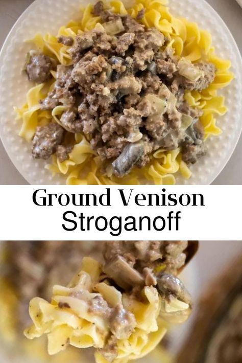 creamy ground venison with mushrooms served over noodles on white plate. made in cast iron skillet