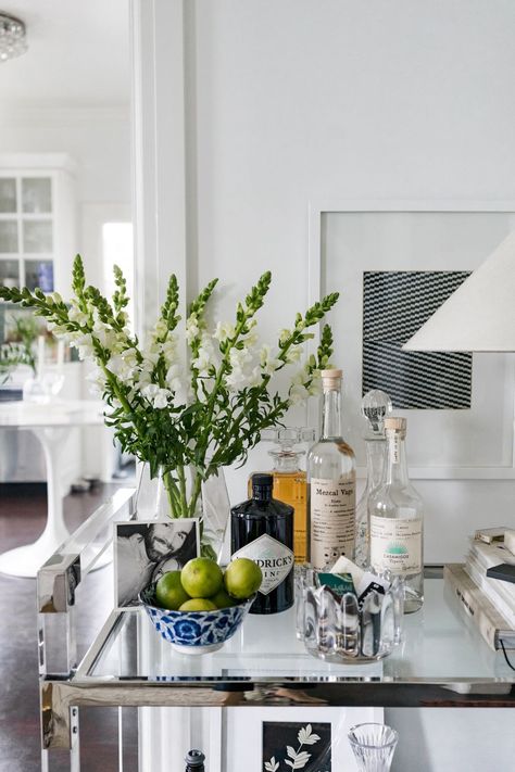 Mini Bar Styling, Elegant Bar Cart Styling, Apartment Decor Living Room, Unique Bar Cart, Ashley Kane, Calm Bedroom, Coastal Apartment, Home Bar Ideas, Everyday Aesthetic