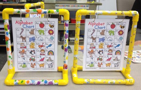 Here is my version of the flip chart holder. One pipe makes one stand. My husband did a great job! Flip Chart, Decor Storage, Great Job, Pre School, Classroom Decor, Put Together, Preschool, Alphabet, Education