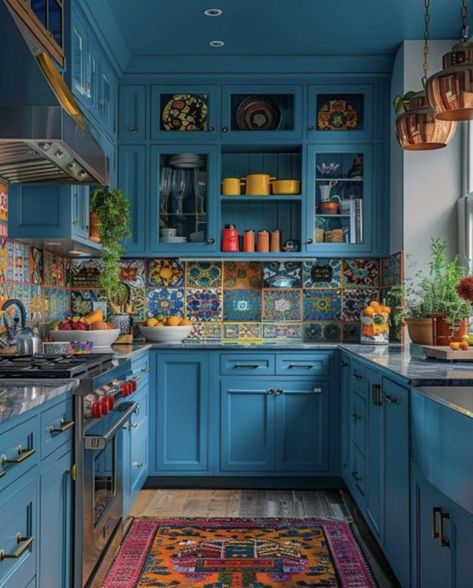 Maxamilist House, Spanish Inspired Kitchen, Cobalt Blue Kitchens, Mexican Tile Kitchen, Mediterranean Kitchens, Southwest Kitchen, Maximalist Kitchen, Spanish Style Kitchen, Mexican Kitchen