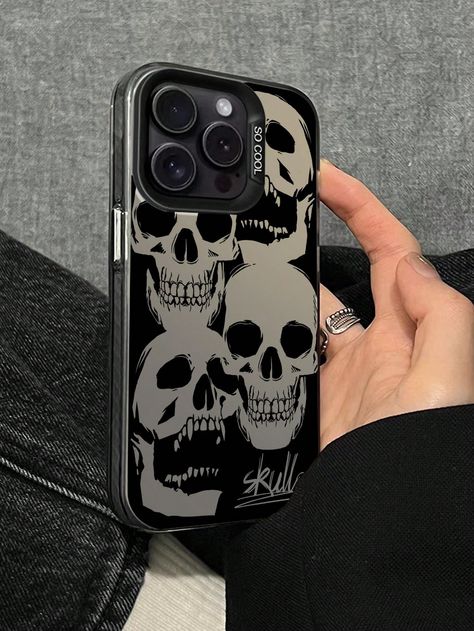 Halloween Skeleton 1pc Phone Case With Four Spooky Skull Patterns Black    TPU Halloween Ordinary Mobile Phone Case   Cases, size features are:Bust: ,Length: ,Sleeve Length: Phone Case Halloween, Black Phone Case Ideas, Jewelry Photography Tutorial, Goth Phone Case, Skull Phone Case, Skeleton Phone Case, Phone Case Ideas, Shein Accessories, Best Phone Cases