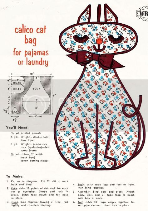 what-i-found: Wrights Easy To Sew Gift Ideas - Charming Bibs, Aprons, Towels, Cat Bag! Pj Pillow, Applique Cats, Cat Pajama, Pajama Pillow, Diy Apron, Pajama Bag, Memory Pillows, Sewing Appliques, Sewing Projects For Kids