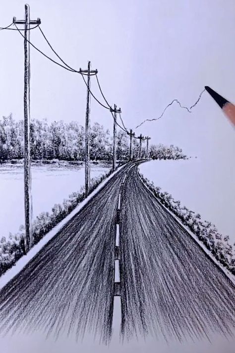 Landscape Drawings Tutorial, Perspective Art Drawing, Road Art Drawing, Perspective Drawing Nature, How To Draw A Road, Anime Landscape Drawing, Perspective Art Painting, Scenery To Draw, Landscape Perspective Drawing