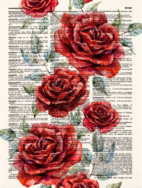 Red Roses Art, Drawing Roses, Roses Art, Newspaper Art, Book Page Art, Dictionary Art Print, Roses Red, Dictionary Art, Gcse Art