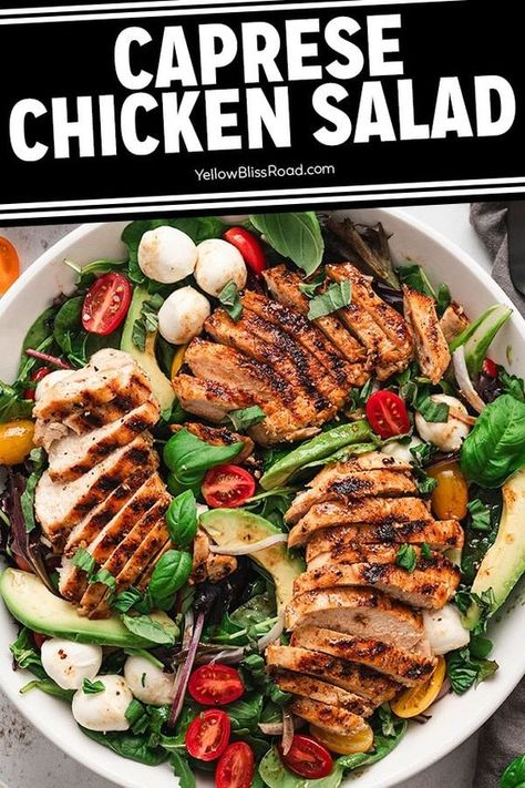 Caprese Chicken Salad has tender spring mix and arugula topped with grilled chicken, tomatoes, mozzarella, basil, and balsamic dressing. Grilled Steak Salad, Chicken Tomatoes, Chicken Cutlet Recipes, Homemade Balsamic Vinaigrette, Caprese Salad Recipe, Tomatoes Mozzarella, Bbq Chicken Salad, Best Pasta Salad, Caprese Chicken