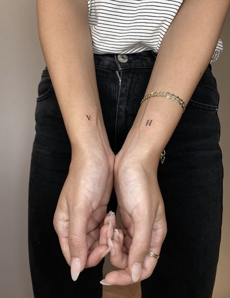 Single Needle Initial Tattoo, Single Needle Letter Tattoo, Arm Initial Tattoo, Initial Placement Tattoo, Letter Initial Tattoo Placement, Single Letter Tattoo Fonts, Small T Tattoo Letter, Last Name Initial Tattoo, Finger Tattoos Initials Letters