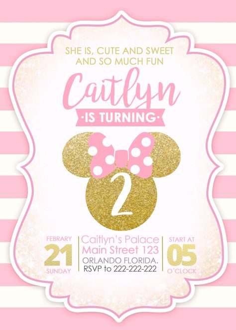 Minnie Mouse Pink And Gold Invitation, Girl Birthday, Gold Bow, Hearts B0E Minnie Invitations, Minnie Mouse Birthday Theme, Birthday Party Locations, Twodles Birthday, Minnie Mouse Birthday Party Decorations, Minnie Mouse Birthday Invitations, 2nd Birthday Party For Girl, Minnie Mouse Invitations, Minnie Mouse 1st Birthday