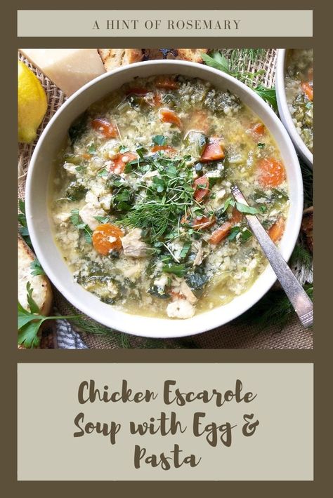 Hearty version of Stracciatella Soup (Italian Egg-Drop Soup), this Chicken Escarole Soup with Egg & Pasta is ready in a hurry with some rotisserie chicken. Wholesome & nutritious. ♡ A Hint of Rosemary #chickensoup #eggdropsoup #italianweddingsoup #homemadesoup #ahintofrosemary Chicken Escarole Soup, Stracciatella Soup, Escarole Recipes, Soup With Egg, Chicken Breast Salad, Escarole Soup, Soup Italian, Italian Eggs, Pasta Lunch