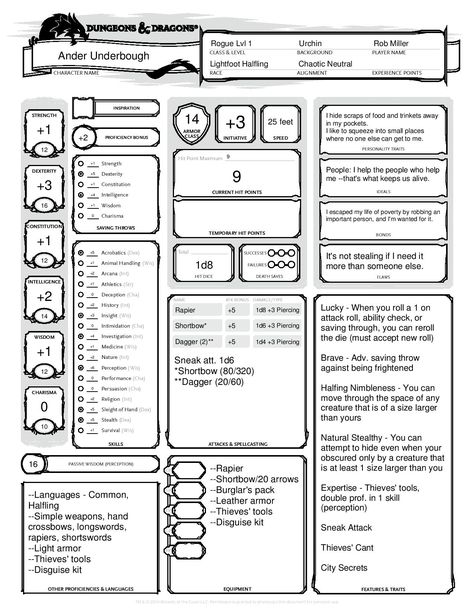 Lightfoot Halfing Rogue (1/2) D&D5E Completed Character Sheet. Created by Rob Miller. Barbarian Character Sheet 5e, D&d Barbarian, Barbarian Character Sheet, Half Elf Dnd, Dungeons And Dragons Cleric, D D Character Sheet, Game Of Thrones Story, Orc Barbarian, Half Orc Barbarian