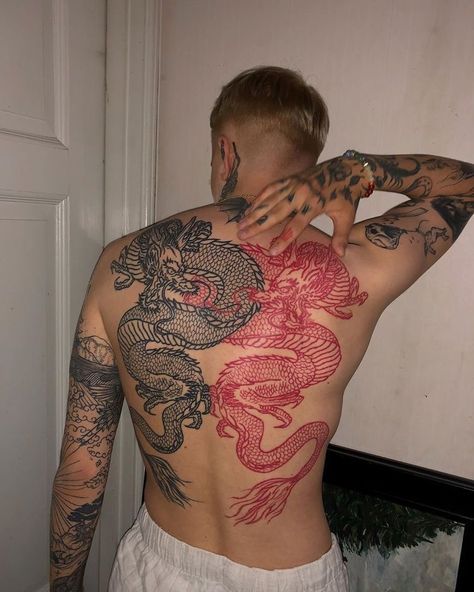 Black Red Tattoo, Dragon Tattoo Back, Red Dragon Tattoo, Cool Back Tattoos, Dragon Tattoos For Men, Torso Tattoos, Full Arm Tattoos, Full Back Tattoos, Dragon Tattoos