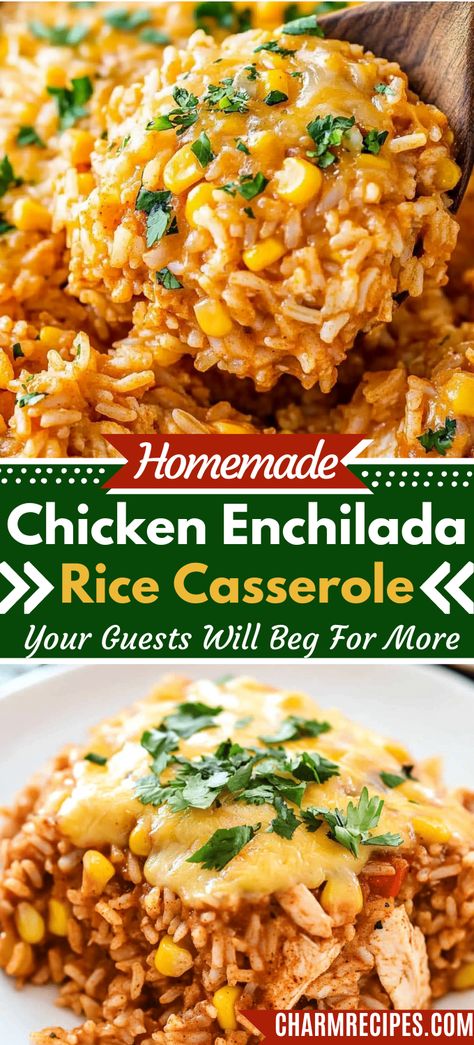 Chicken Enchilada Rice with Corn Casserole Chicken Rice Corn Casserole, Chicken Rice Corn, Mexican Chicken Rice Casserole, Shredded Chicken Rice, Chicken Enchilada Rice Casserole, Enchilada Rice Casserole, Chicken Enchilada Rice, Rice With Corn, Enchilada Rice