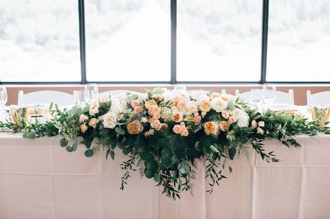 DIY Ideas for Your Head Table ~ Oh My Veil-all things wedding-ideas, tips, and tricks Wedding Backdrop Reception Head Table Backgrounds, Top Table Flowers, Head Table Decor, Table Flower Arrangements, Rustic Wedding Decorations, Head Table Wedding, Main Table, Bridal Table, Wedding Table Flowers