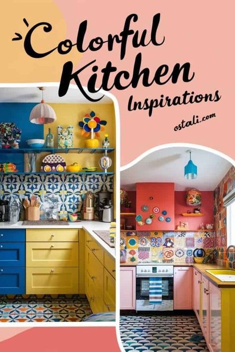 15 Colorful Kitchen Inspirations to Transform Your Space Eclectic Colorful Kitchen, Retro Kitchen Design, Groovy Kitchen, Grey Kitchen Inspiration, Small Kitchen Makeovers, Eccentric Kitchen, Kitchen Cabinet Inspiration, Funky Kitchen, Old World Kitchens