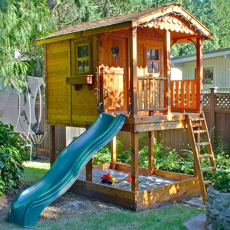 Outdoor Living Today Sunflower 6' x 9' Playhouse with Sandbox | Wayfair Sunflower Playhouse, Elevated Playhouse, Play Houses Diy, Cedar Playhouse, Kids Playhouse Outdoors, Wood Playhouse, Playhouse With Slide, Playhouse Plans, Diy Playhouse