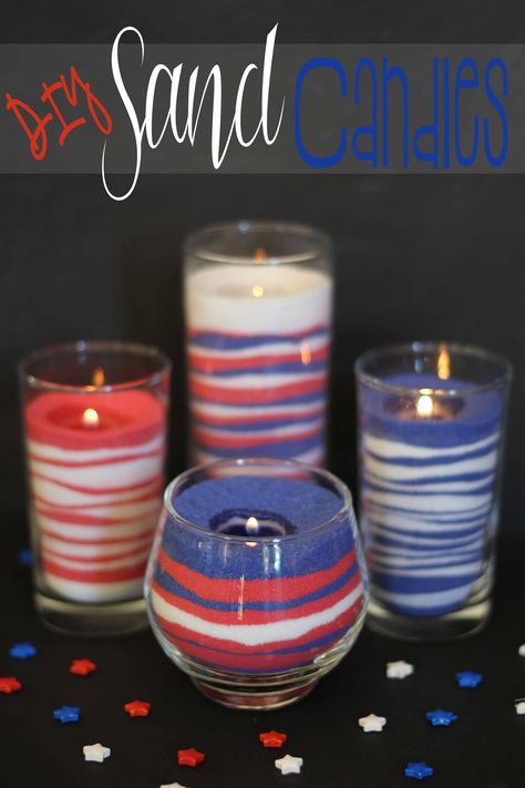 #DIY Sand Candles - I love these! I used drinking glasses and a votive I bought from a thrift store, added the #sand and a tea #candle. 30 minutes later I have 4 great candles for #4th of July. Made all four candles for $8 bucks!  This pin was tested and reviewed by one of the 3 crazy sisters at http://www.thisgrandmaisfun.com/ Sand Candles Diy, Decorating Candles, Flag Crafts, Holidays Crafts, Diy Table Top, Sand Candles, Candle Crafts, Candle Diy, Tea Candle