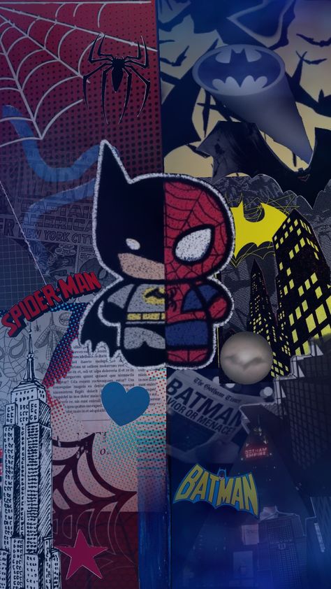 silly little collage #spiderman #batman #iambatman #red #blue #yellow #marvel #DC #comics #wallpaper #aesthetic Batman Spiderman Wallpaper, Blue Batman Wallpaper, Miles Morales Wallpaper Computer, Spider Man Web Wallpaper, Spider Man And Batman Wallpaper, Spider Man Wallpaper Iphone Y2k, Dc Comics Wallpaper Aesthetic, Spiderman Chromebook Wallpaper, Green Spiderman Aesthetic