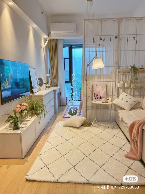 Korean Bedroom Ideas Big Spaces, Bed And Living Room In One, Feminine Studio Apartment, Room Inspiration Korean, One Room Apartment Layout, Bedroom And Living Room In One, South Korea Apartment, L Shaped Room, Studio Layout