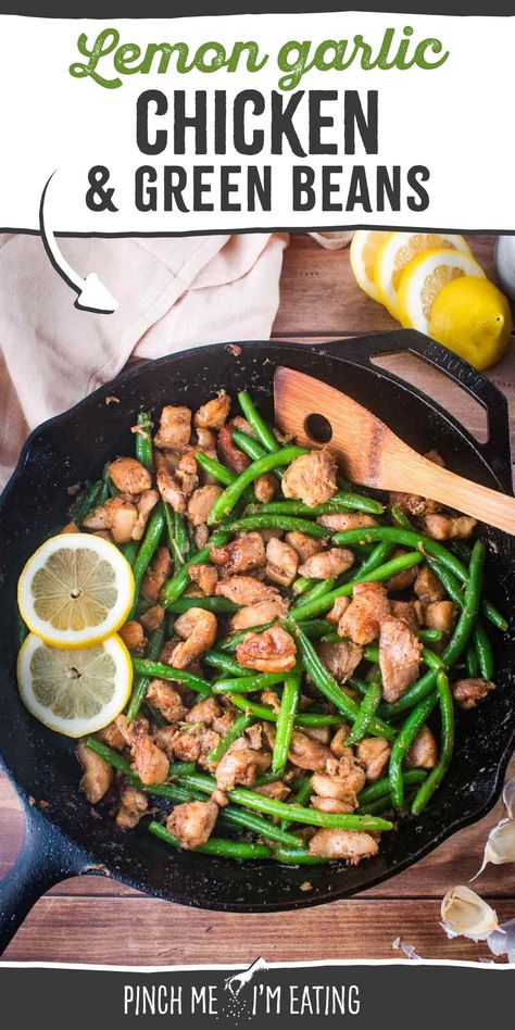 This lemon garlic chicken and green beans skillet dinner is an easy weeknight meal made in 30 minutes. Unbelievably tender and flavorful, it’s one of our favorite boneless skinless chicken thigh recipes! Betr Health Level 1 Chicken Recipes, Healthy Chicken And Green Bean Recipes, Garlic Chicken And Green Beans, Green Beans Skillet, Chicken And Green Beans, Boneless Skinless Chicken Thigh Recipes, Skinless Chicken Thigh Recipes, Skillet Green Beans, Chicken Green Beans