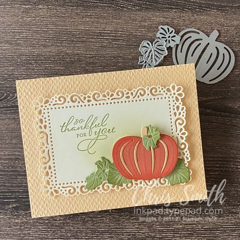 Stampin Up Pumpkin Cards, Stampin Up Pretty Pumpkins Cards, Pretty Pumpkins Stampin Up Cards, Stampin Up Pretty Pumpkins, Autumn Greetings, Fall Cards Handmade, Thanksgiving Cards Handmade, Ornate Garden, Autumn Cards