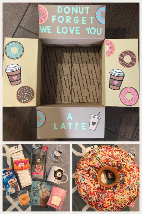 Donut forget we miss you a latte care package filled with donut worry coffee mug, sprinkles straws, donut socks,  donut soap, donut pillow, stress squeezer, coffee mixes, gift card, and other themed things. Going To Miss You Gifts, Coffee Care Package Ideas, Miss You Care Package, Donut Care Package, Dunkin Donuts Gift Basket, Donut Student Gift, Care Package Best Friend Cheer Up, Care Package Themes, Donut Gift Ideas