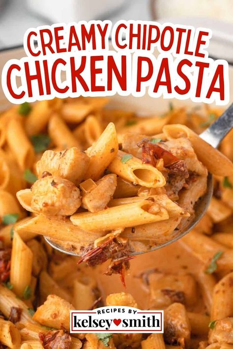 Spicy chipotle chicken pasta features chicken and penne pasta in a creamy sauce made from chipotle peppers and heavy cream. This recipe is versatile and can be enjoyed year-round, but it is particularly comforting and well-suited for colder seasons like fall and winter when a warm and hearty dish is especially satisfying. This creamy pasta recipe is made with diced chicken breasts but can also be made with rotisserie chicken for a super simple dinner. Chipotle Chicken Pasta Recipe, Creamy Chicken Chipotle Recipe, Creamy Chipotle Chicken Pasta, Chipotle Cream Sauce Pasta, Chipotle Pasta Recipes, Chicken And Penne Pasta, Chicken Chipotle Pasta, Spicy Chipotle Chicken, Spicy Chicken Chipotle Pasta