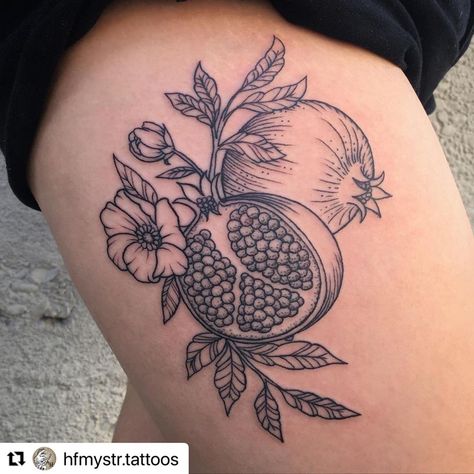 Neo Traditional Pomegranate, Neotraditional Pomegranate Tattoo, Pomegranate Tattoo Linework, Pomegranate Skull Tattoo, Pomegranate Tattoo Design, Pommegrenade Tattoo, Pomegranate Tattoo Black And White, Pomegranate Tattoo Hades And Persephone, Traditional Pomegranate Tattoo