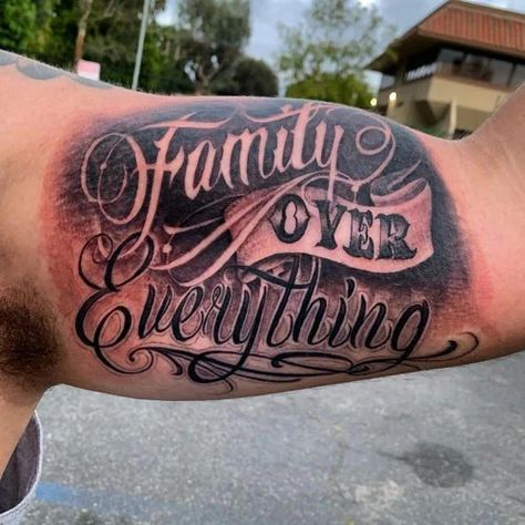 Family First Tattoo For Men Forearm, Family Quotes Tattoos Ideas, Paul Booth Tattoo Designs, Family Over Everything Tattoo Men, Tattoo Ideas For Men Meaningful Family, Meaningful Tattoo Quotes For Men, Foe Tattoos, Family Tattoo Ideas For Men, Over Everything Tattoo