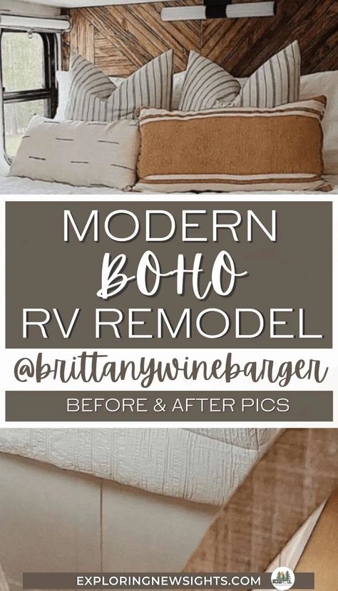 Rv Before And After Rv Makeover, Camper Decorating Ideas Modern, Rv Headboard Ideas Diy Projects, Boho Rv Remodel, Boho Remodel, Camper Revamp, Boho Rv, Lighting Scandinavian, Airstream Decor