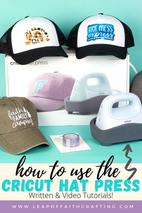 picture of cricut hat press and three hats made with it How To Make Hats With Cricut, Cricut Easy Press Hat, Cricut Heat Press Hat, Heat Press Hats, Cricut Hat Projects, Svg For Hats, Hat Press Ideas, Cricut Hats Baseball Caps, Cricut Clothing Projects