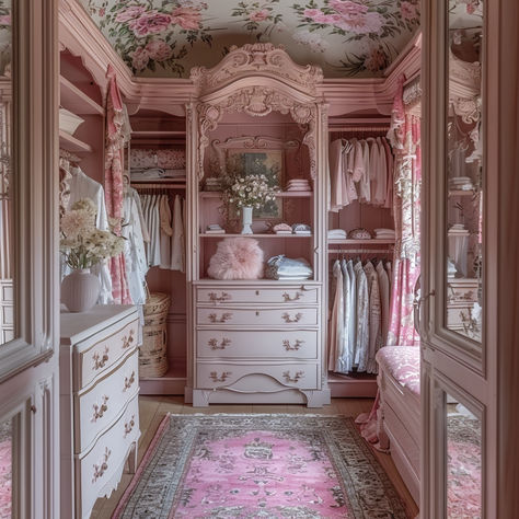 Pink Closet Aesthetic, versaillecore, true princess room closet. Luxury trims to rival places of old. Love, love, love the floral wallpaper (or painted?) ceiling Princess Aesthetic Closet, Pink Walking Closet, Princess Wardrobe Closet, Princess Walk In Closet, Princess Closet Aesthetic, Princesscore Closet, Coquette Walk In Closet, Pink Closet Room, Vintage Princess Room