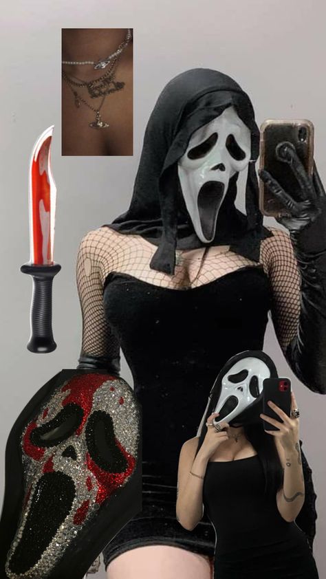 Cute Spooky Halloween Costume, Gost Face Costume, Hallowen Ideas Costume, Ghost Face Halloween Costume Girl, Female Scream Costume, Ghostface Costume Women, Scream Halloween Costume Women, Girl Ghost Face, Ghost Face Costume Women