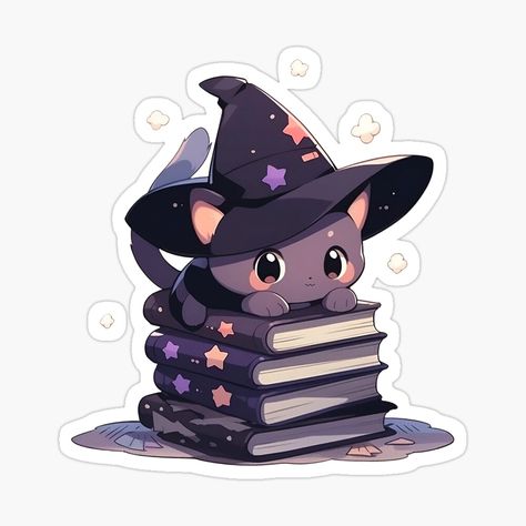 Cute Kawaii Halloween Witches Cat on a Stack of Spell Books by CozyKawaiiArt | Redbubble Chibi Witch, Cute Halloween Stickers, Witches Cat, Kawaii Cat Drawing, Witch Drawing, Chat Kawaii, Spell Books, Halloween Witches, Witch Cat