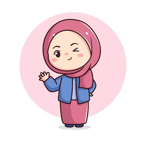 Vector ute hijab girl waving hand with b... | Premium Vector #Freepik #vector #muslim-girl #islamic-girl #hijab-character #muslim-character Muslimah Girl Cartoon, Muslim Cartoon Girl, Hijab Cartoon Cute, Hijab Doodle, Muslim Girl Drawing, Hijab Girl Drawing, Muslim Girl Cartoon, Chibi Hijab, Hijab Girl Illustration