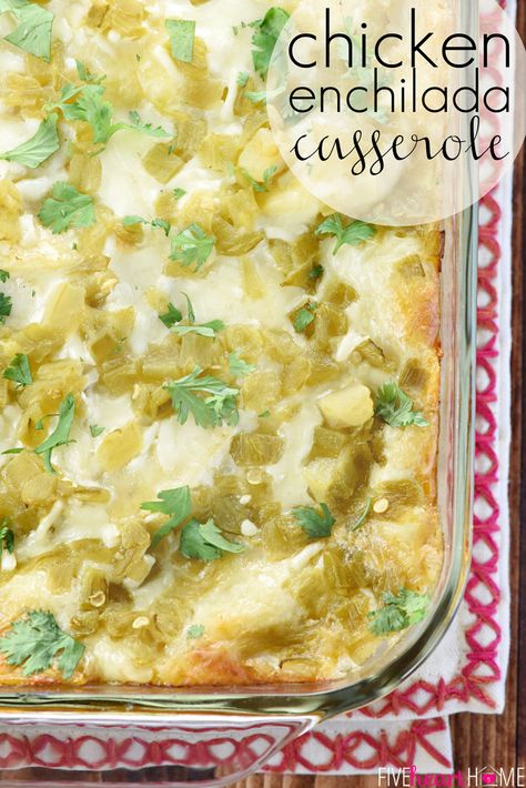 Chicken Enchilada Casserole ~ with all-natural ingredients like salsa verde, green chiles, and a creamy homemade sauce, this scrumptious stacked casserole recipe boast the great flavor of chicken enchiladas without the work of rolling them! | FiveHeartHome.com Green Chili Enchilada Casserole, Casserole Cream Of Mushroom, Green Chili Chicken Enchilada Casserole, Green Chili Chicken Enchiladas, Chili Enchiladas, Green Chili Enchiladas, Chicken Enchilada Casserole Recipe, Green Chili Chicken, Enchilada Casserole Recipes