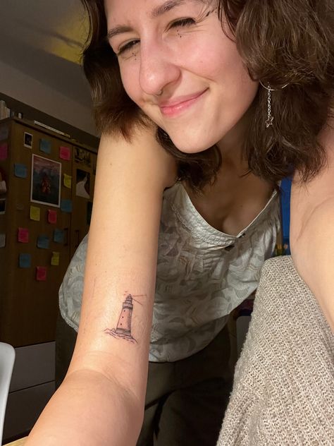 Tattoo Ideas Lighthouse, Light House Tattoo Minimalist, Cornwall Tattoo Ideas, Dainty Lighthouse Tattoo, Maine Inspired Tattoo, Fine Line Lighthouse Tattoo, Light Tower Tattoo, Light House Tattoo Design, Lighthouse Tattoo Simple