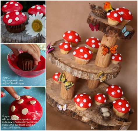 How to DIY Toadstool Cupcake on Fairy Garden Stand | www.FabArtDIY.com LIKE Us on Facebook ==> https://www.facebook.com/FabArtDIY Mushroom Cupcakes, Garden Cupcakes, Fairy Garden Mushrooms, Forest Party, Fairy Garden Party, Fairy Cake, Fairy Birthday Party, Woodland Birthday, Tanah Liat