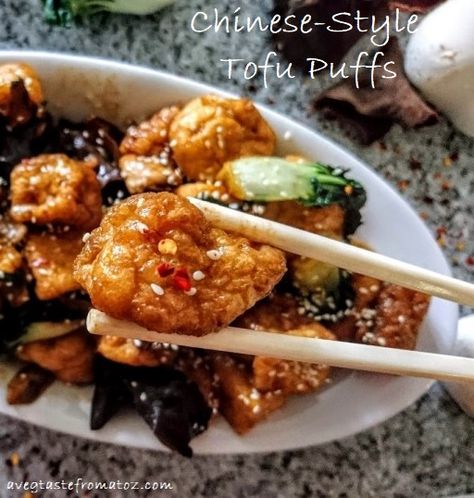 Chinese-Style deep Fried Tofu Puffs with Cabbage and Mushrooms in rich Mushroom sauce. Vegan and Gluten Free easy and quick recipe.  #tofu #chinese #vegan #glutenfree #easyrecipe Deep Fried Tofu Recipes, Tofu Puffs Recipe Dishes, Tofu Puffs Recipe, Mushroom Sauce Vegan, Tofu Ideas, Cabbage And Mushrooms, Tofu Puffs, Recipe Tofu, Easy Tofu