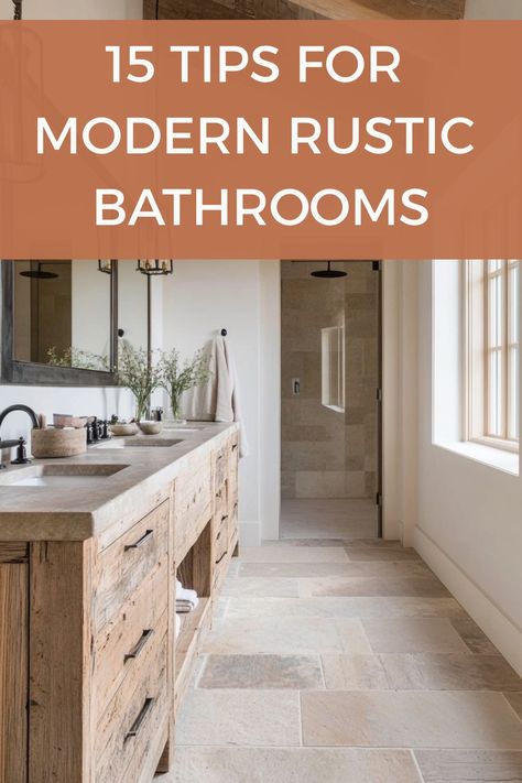 Get the perfect modern rustic bathroom by following these tips and decor ideas. Rustic Luxury Bathroom Ideas, Rustic Marble Bathroom, Rustic Modern Bathroom Decor, Modern Rustic Master Bath, Modern Farmhouse Powder Room Ideas, Lodge Style Bathroom, Earthy Modern Bathroom, Modern Natural Bathroom, Cabin Bathroom Ideas Rustic