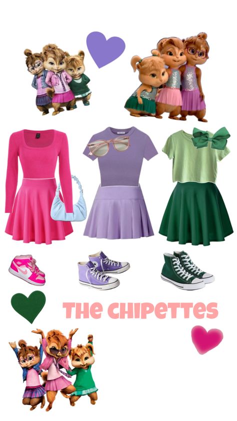 Halloween chipettes costume idea 🩷💜💚 Janette Chipmunk Costume, Chippetes Halloween Costume, Chipettes Costume Ideas, Eleanor Chipette Costume, Chippetts Costume Halloween, Britney Chipette Costume, Chipsets Costume, The Chippetes Costume, Chipetshalloween Costume