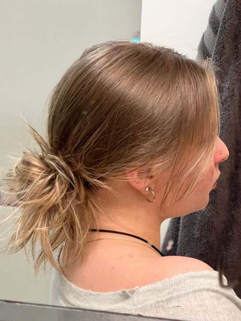 hair updo , messy bun , messy hairstyle aesthetic , curtain bangs updo , low bun Low Buns With Bangs, Curtain Bangs With Low Bun, Low Messy Bun For Layered Hair, Low Messy Bun Middle Part, Messy Bun Straight Hair, Low Messy Bun With Curtain Bangs, Curtain Bangs Low Bun, Low Bun With Curtain Bangs, Straight Hair Messy Bun