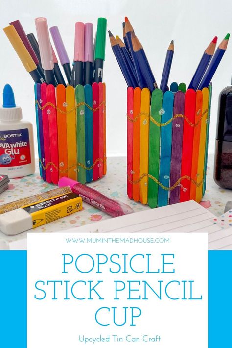 Create a stylish pencil cup that doubles as a desk decoration using popsicle sticks and a few other supplies. Follow our guide and use craft time to engage kids in making a useful classroom accessory. Use #popsiclestickpencilcup to share your finished product with us! Popsicle Stick Pencil Holder, Pencil Holder Craft, Indoor Kids Crafts, Diy Pencil Holder, March Break, Stick Wall Art, Kindergarden Activities, Indoor Kids, Minimalist House