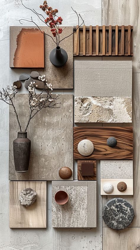 Visual Texture Interior Design, Interior Design Palette Mood Boards, Interior Material Board, Material Board Interior, Copper Moodboard, Interior Design Material Board, Material Board Interior Design, Japandi Interiors Moodboard, Material Mood Board