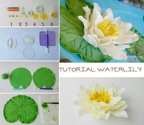 Waterlily Lily Pad Polymer Clay, Fondant Lily Pads, Fondant Water Lily Tutorial, Butterflies Classroom, Gum Paste Flowers Tutorials, Lotus Cake, Princesa Tiana, Wafer Paper Flowers, Cold Porcelain Flowers