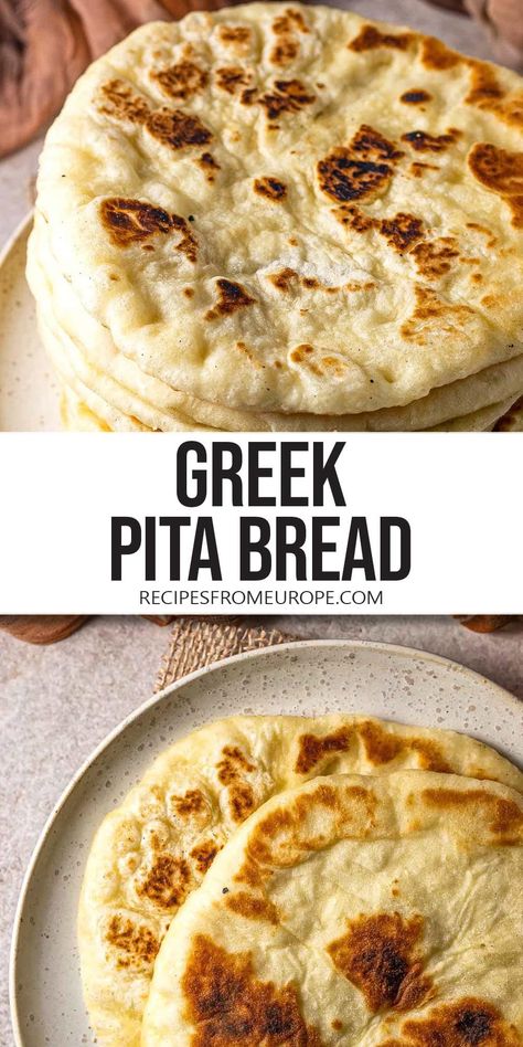 Want to make delicious Greek Pita Bread? This classic recipe for thick and soft pita is so easy to make with just a few common ingredients! What To Do With Leftover Pita Bread, Sweet Pita Bread, Air Fried Pita Bread, Pita Bread Recipe With Yogurt, Pan Bread Recipe Simple, Greek Pitas Recipe, Recipe For Pita Bread, Authentic Greek Pita Bread Recipe, Authentic Pita Bread Recipe