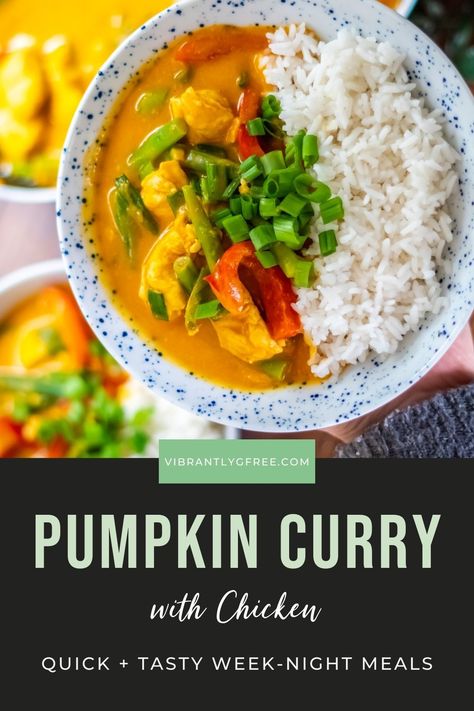 Craving an easy gluten free curry? This Pumpkin Curry with chicken is a gluten and dairy free recipe that's perfect for beginners or easy weeknight dinners! It takes only 25 minutes to put together and a few quick ingredients. Don't pass on this easy gluten free recipe -- this flavorful Thai Red Curry is too good to miss! Click the link in profile to read and SAVE this pin for later! #thai #glutenfreedairyfree #easyglutenfreemeals #redcurry #weeknightdinner Gluten Free Curry, Coconut Milk Sauce, Curry Pumpkin, Pumpkin Chicken, Dairy Free Recipe, Cooking Basmati Rice, Pumpkin Curry, Gluten Free Living, Quick Chicken