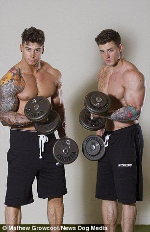 Twin brothers have matching 44 inch chests thanks to identical exercise regime and diets | Daily Mail Online Male Twins, Lewis Harrison, Harrison Twins, Barbell Press, Dollan Twins, Dumbbell Shoulder, T Bar Row, Armband Tattoos, Identical Twins