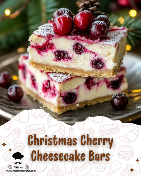 Try these festive Christmas Cherry Cheesecake Bars with a creamy filling, graham cracker crust, and sweet cherry topping. Perfect for holiday celebrations! Christmas Cheesecake Bars, Cherry Cheesecake Bars, Desert Bar, Delicious Holiday Desserts, Cherry Crumble, Cherry Topping, Christmas Cheesecake, Cracker Crust, Cherry Cheesecake